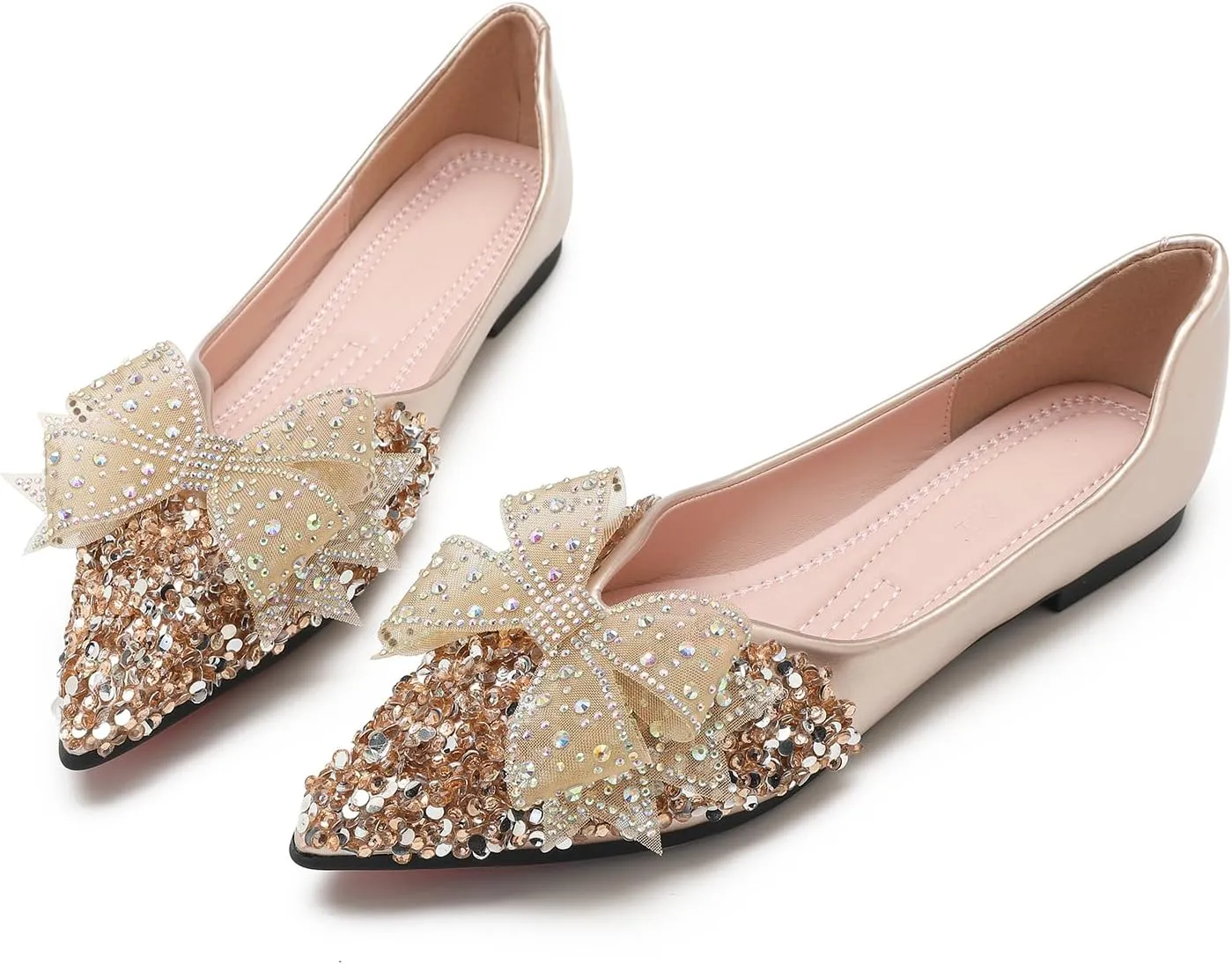Flats Shoes Women Rhinestone Wedding Flats Comfort Pointed Toe Ballet Flat Shoe Low Heel Dress Shoes Sparkly Flats for Women