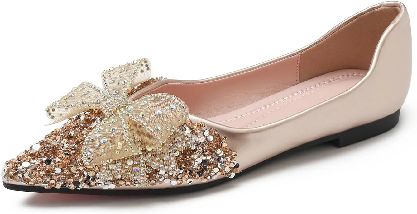 Flats Shoes Women Rhinestone Wedding Flats Comfort Pointed Toe Ballet Flat Shoe Low Heel Dress Shoes Sparkly Flats for Women