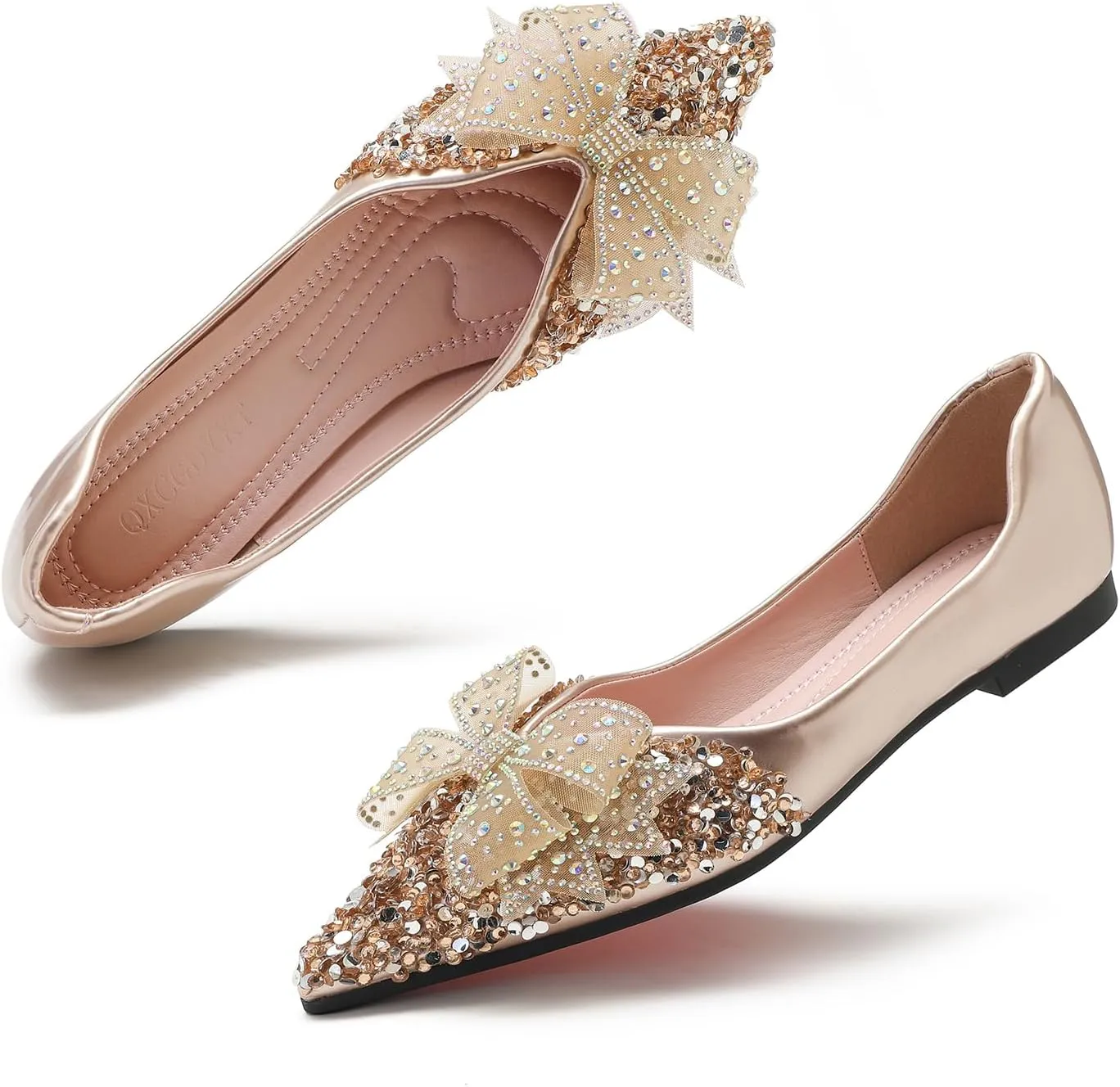 Flats Shoes Women Rhinestone Wedding Flats Comfort Pointed Toe Ballet Flat Shoe Low Heel Dress Shoes Sparkly Flats for Women