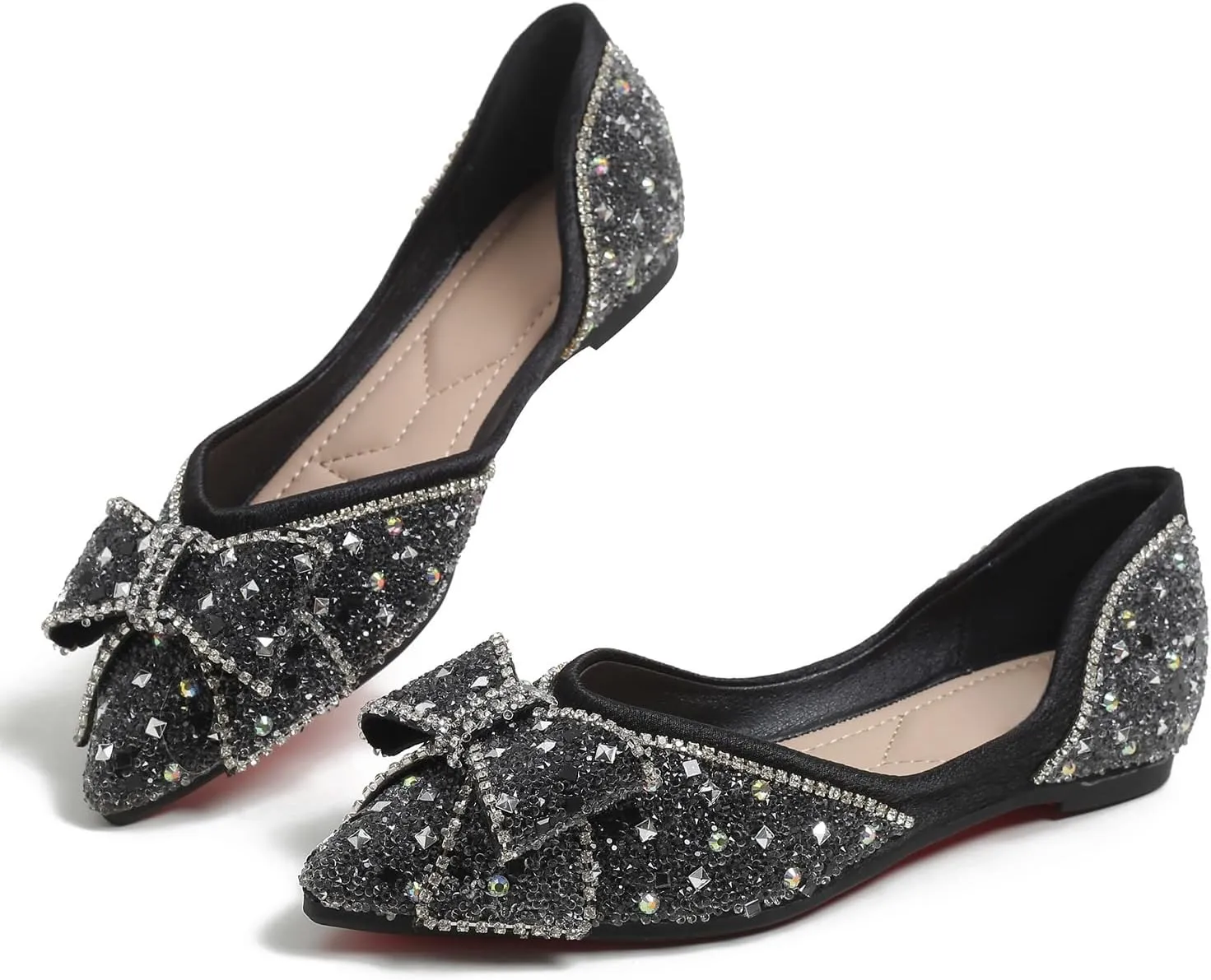Flats Shoes Women Rhinestone Wedding Flats Comfort Pointed Toe Ballet Flat Shoe Low Heel Dress Shoes Sparkly Flats for Women