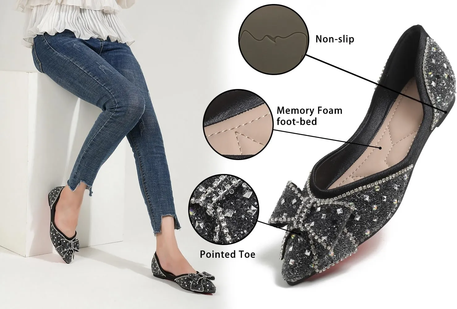 Flats Shoes Women Rhinestone Wedding Flats Comfort Pointed Toe Ballet Flat Shoe Low Heel Dress Shoes Sparkly Flats for Women