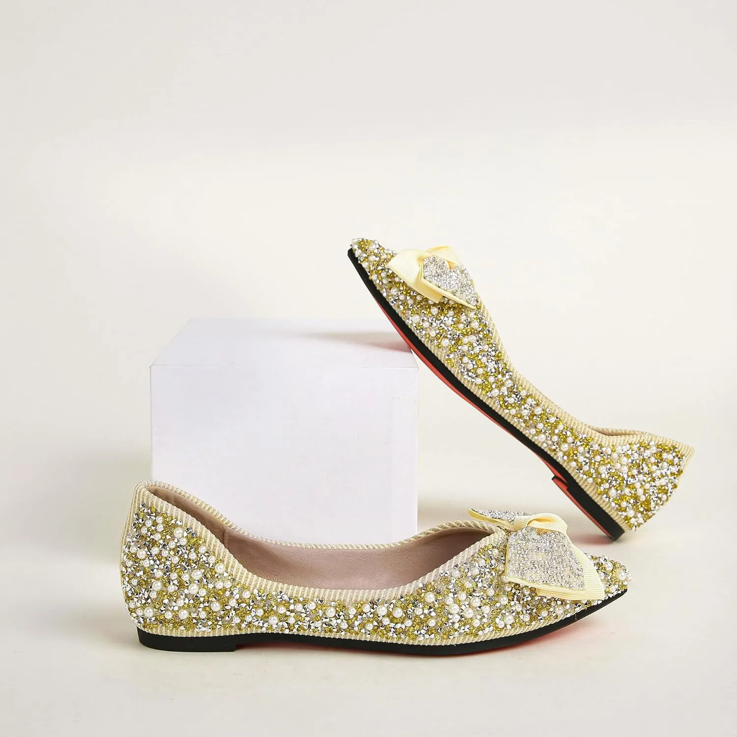 Flats Shoes Women Rhinestone Wedding Flats Pointed Toe Ballet Flat Shoe Low Heel Dress Shoes Sparkly Flats for Women