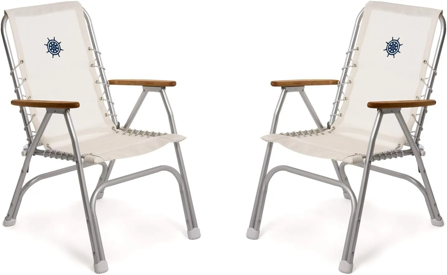 FORMA MARINE Boat Chairs High Back White Vinyl MESH Fabric Deck Folding Marine Aluminum Teak Furniture Set of 2 M150VW