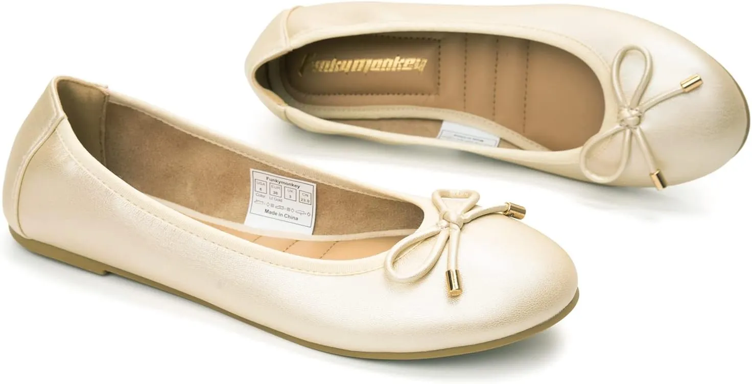 FUNKYMONKEY Women's Ballet Flats Dress Casual Slip-on Bow Round Toe Walking Shoes