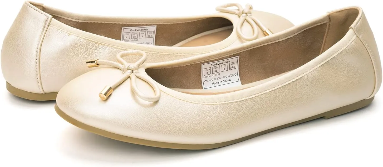 FUNKYMONKEY Women's Ballet Flats Dress Casual Slip-on Bow Round Toe Walking Shoes