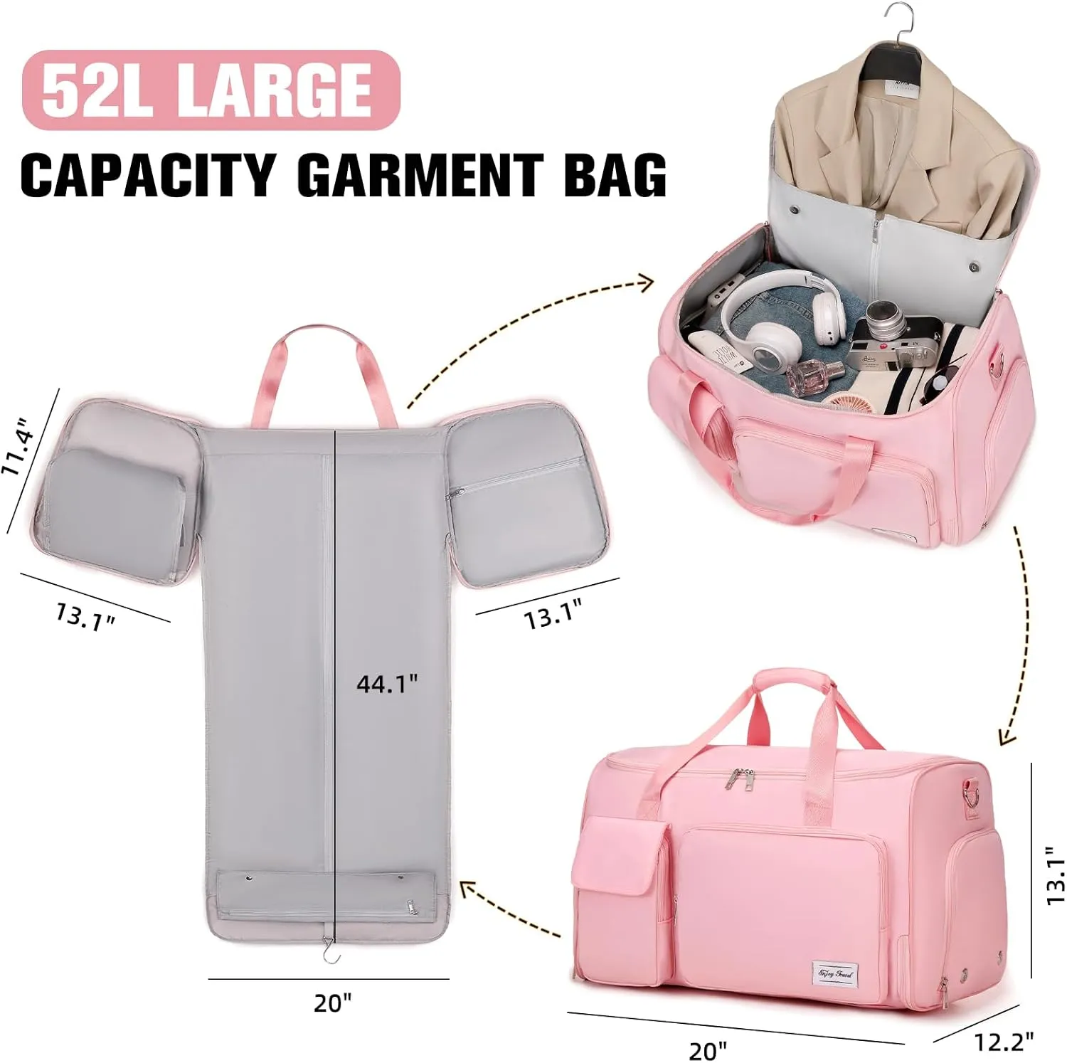 Garment Bags for Travel, 2 in 1 Convertible Carry On Duffle Bag Suit Bags Foldable Backpacks with Shoe Compartment & Toiletry Bag, Hanging Bags for Clothes Dress Suit for Men Women Gift (Pink)