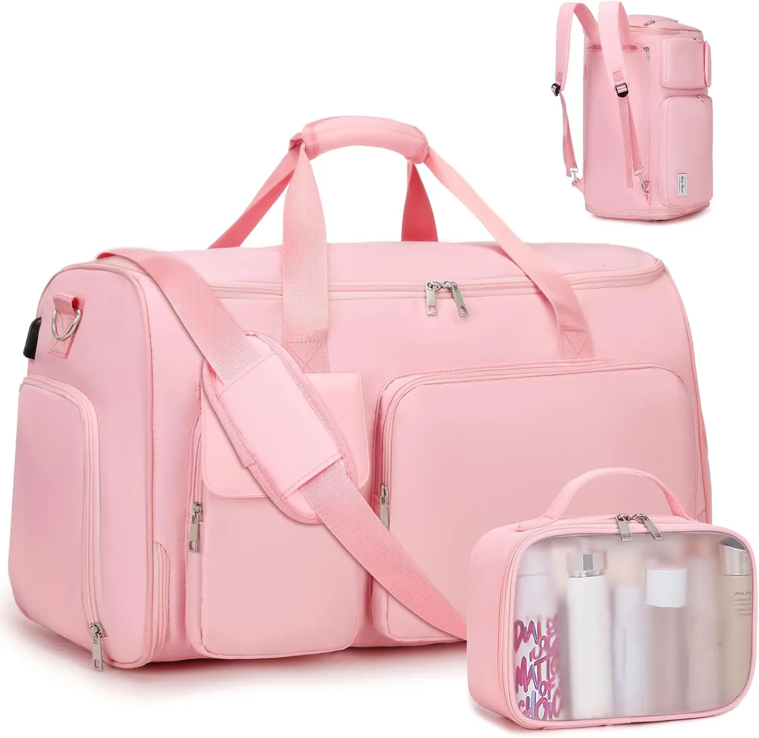 Garment Bags for Travel, 2 in 1 Convertible Carry On Duffle Bag Suit Bags Foldable Backpacks with Shoe Compartment & Toiletry Bag, Hanging Bags for Clothes Dress Suit for Men Women Gift (Pink)