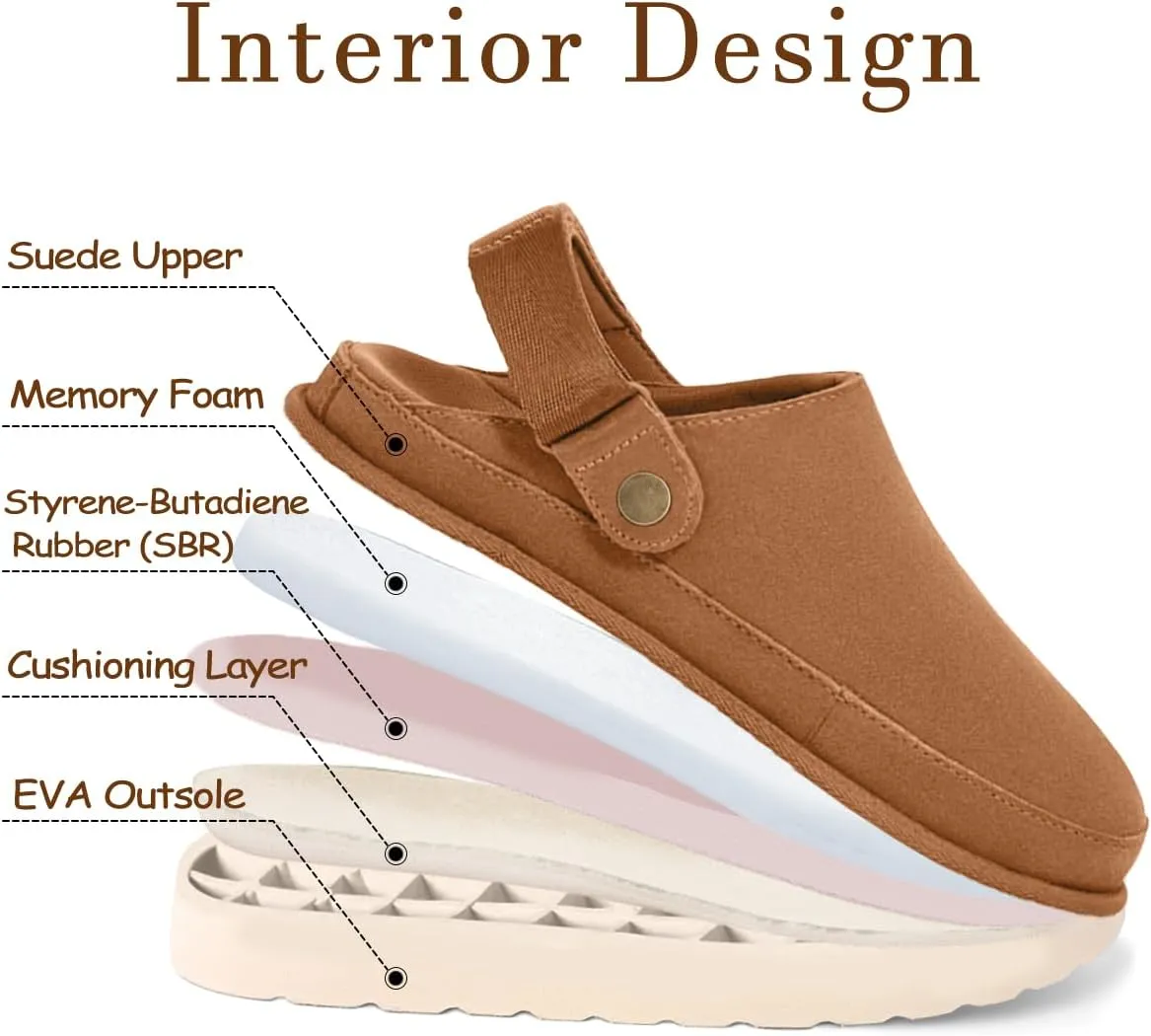 Genuine Suede Adjustable Platform Clogs with Strap Comfy Memory Foam Arch Support Mule Goldenstar Clogs Women Indoor Outdoor