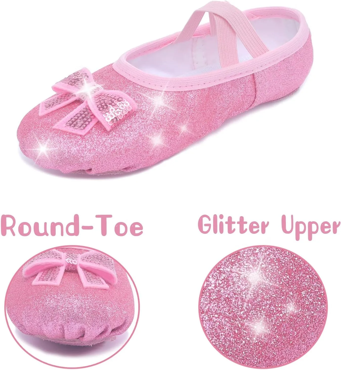 Girls Ballet Shoes Glitter Split-Sole Dance Slippers Toddler Kid Practice Shoes Flats Soft Lightweight with Elastic Laces for Performance Gymnastics Yoga