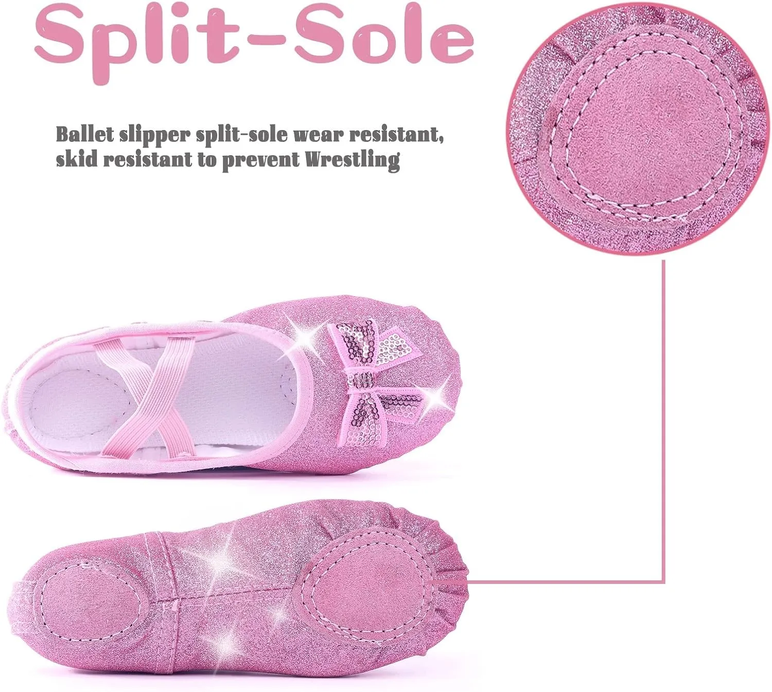 Girls Ballet Shoes Glitter Split-Sole Dance Slippers Toddler Kid Practice Shoes Flats Soft Lightweight with Elastic Laces for Performance Gymnastics Yoga