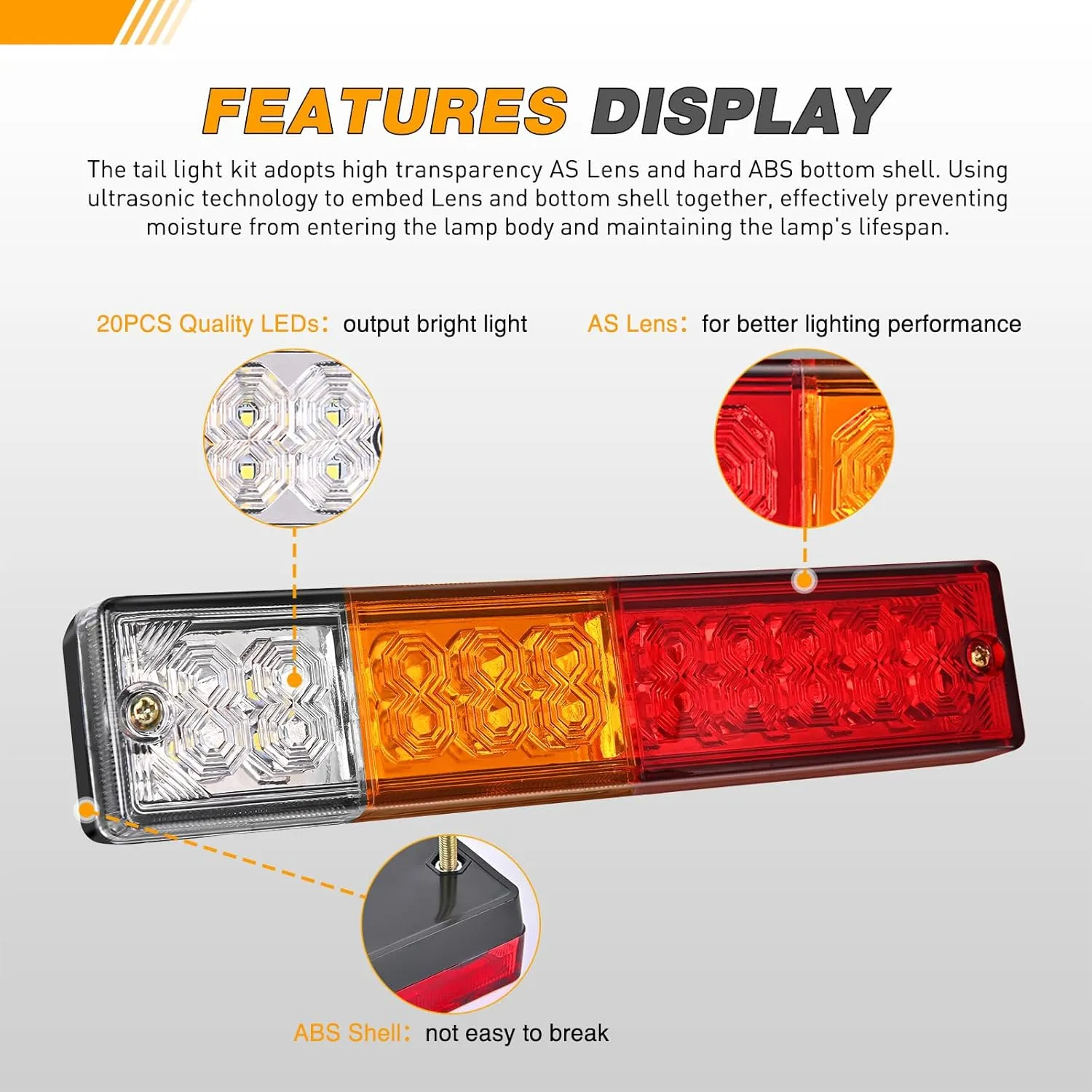 GOOACC 20 LED Trailer Light Kit 2PCS Running Stop Brake Turn Signals Reverse Tail Lights Studs Mounted Waterproof For 10-30v Truck RV UTV Camper Van Boat