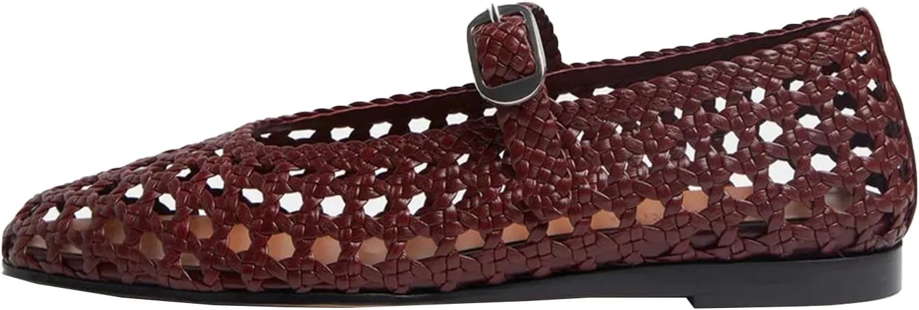 GORZADEUL Woven Ballet Flats Shoes for Women, Round Toe Mesh Mary Jane Flats Casual Comfortable Buckle Strap Ballerina Flat Shoes