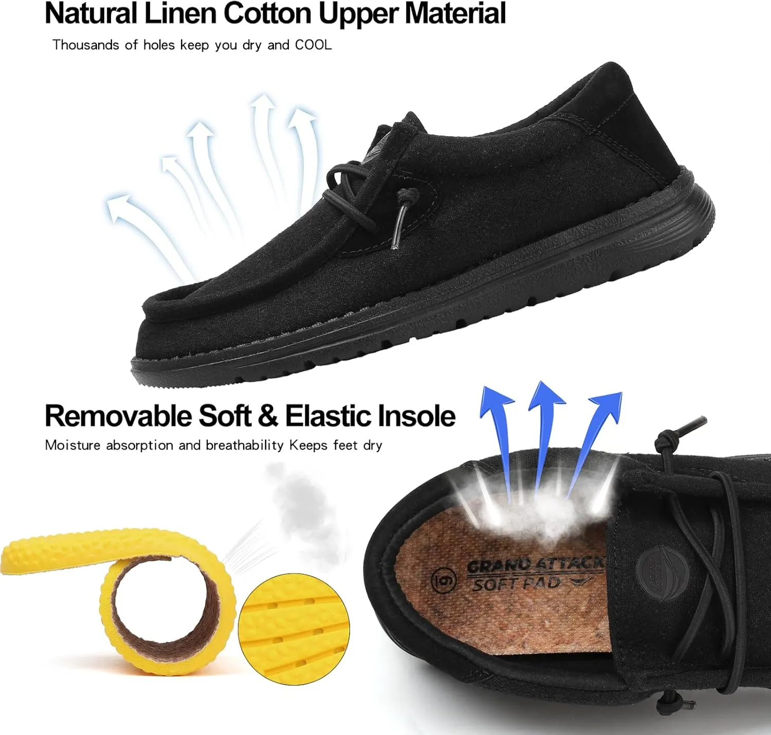 Grand Attack Walking Shoes for Women Slip On Linen Loafers Non Slip Work Sneakers Comfort Lightweight Boat Shoes Daily Driving Traveling Black