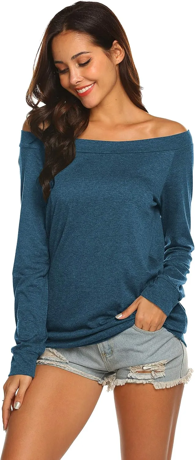 Halife Women's Long Sleeve Boat Neck Off Shoulder Blouse Tops
