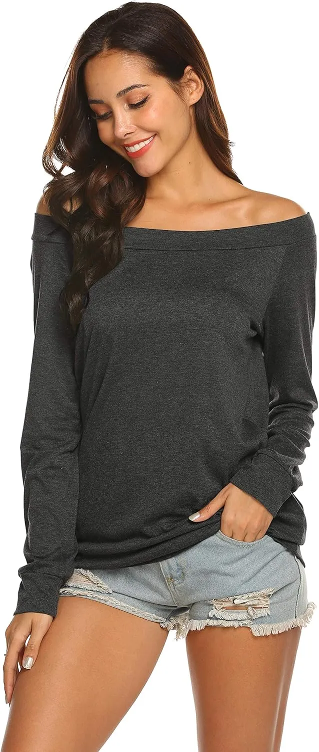 Halife Women's Long Sleeve Boat Neck Off Shoulder Blouse Tops