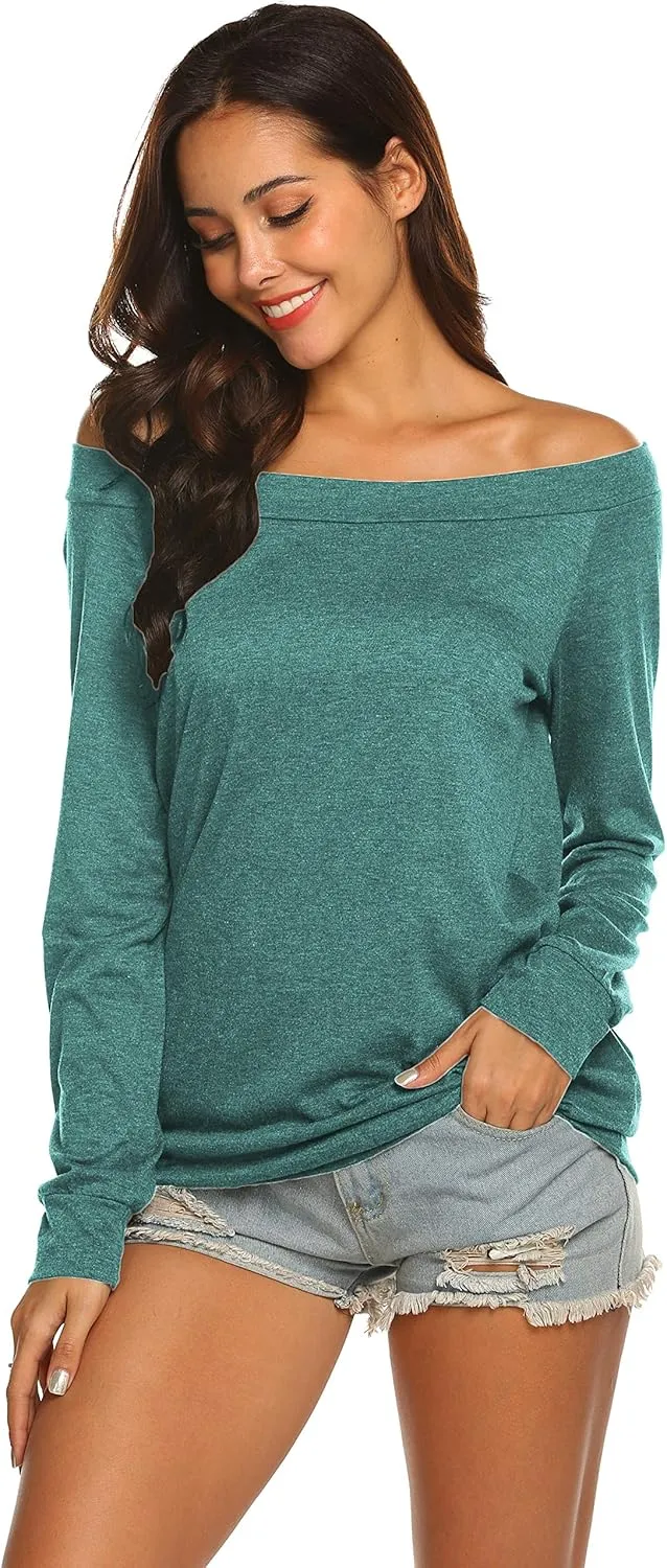 Halife Women's Long Sleeve Boat Neck Off Shoulder Blouse Tops