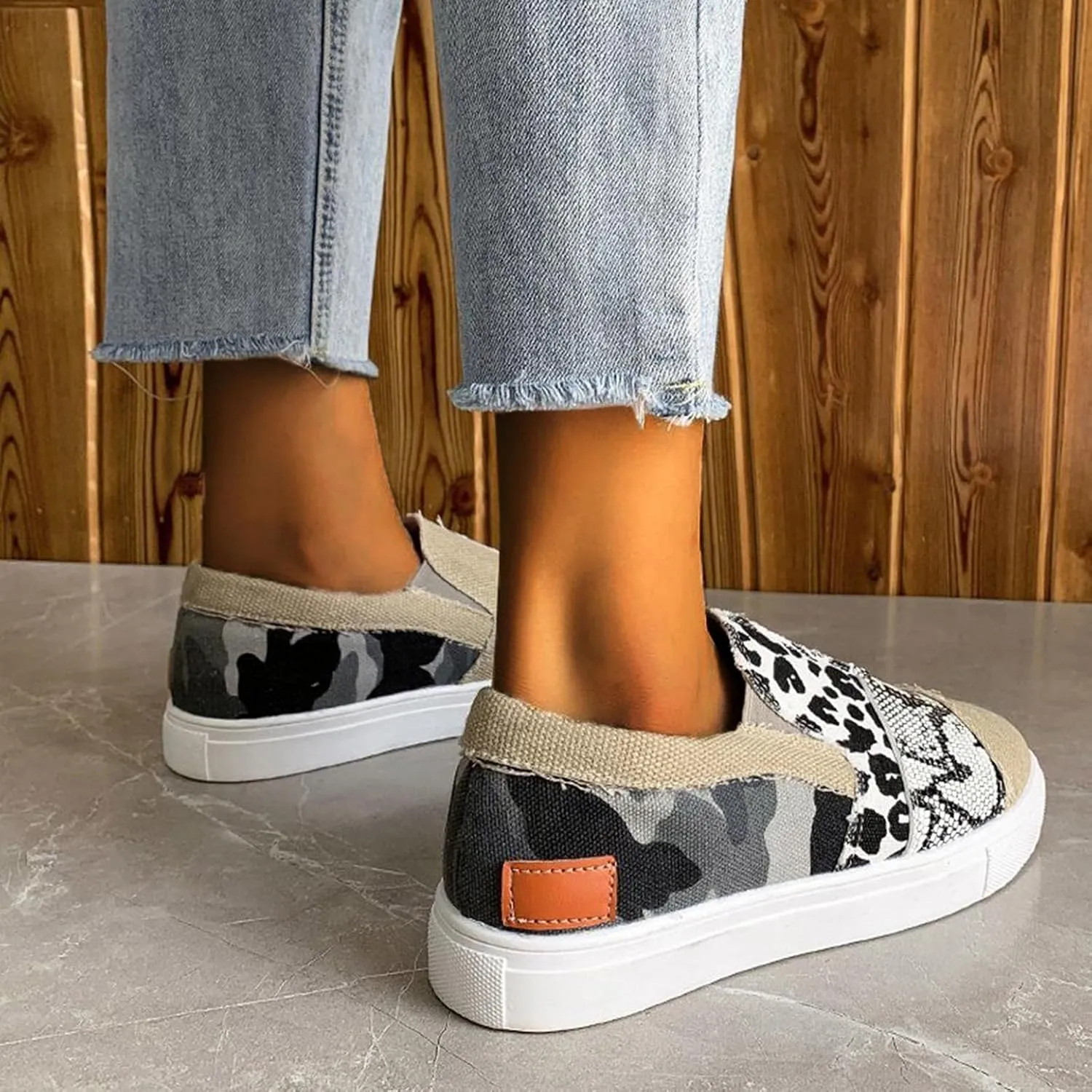 Hbeylia Platform Fashion Sneakers For Women Leopard Design Casual Low Top Canvas Shoes Trendy Chunky Bottom Heels Slip On Flats Loafers Driving Walking Shoes For Ladies