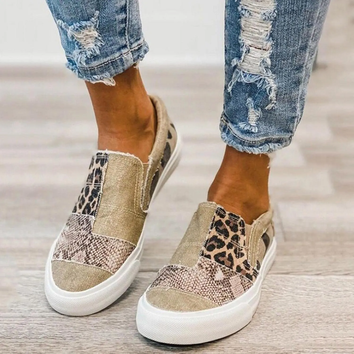 Hbeylia Platform Fashion Sneakers For Women Leopard Design Casual Low Top Canvas Shoes Trendy Chunky Bottom Heels Slip On Flats Loafers Driving Walking Shoes For Ladies