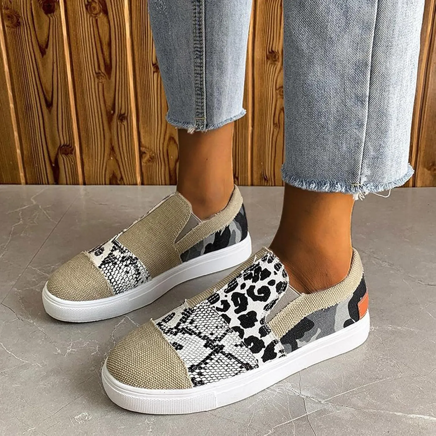 Hbeylia Platform Fashion Sneakers For Women Leopard Design Casual Low Top Canvas Shoes Trendy Chunky Bottom Heels Slip On Flats Loafers Driving Walking Shoes For Ladies