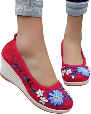Hbeylia Vintage Flower Embroidered Platform Wedge Ballet Flats Ethnic Retro Boho Floral High Heels Chunky Pump Slip On Loafers Beach Travel Bohemian Dress Shoes For Women Ladies Vacation