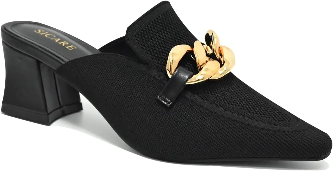 Heeled Mules for Women Closed Toe Chunky Heels Mules Knit Stretchy Pointed Toe Heels Sandals Comfortable Slip On Dress Pumps Sandals Slides for Business and Daily Wear