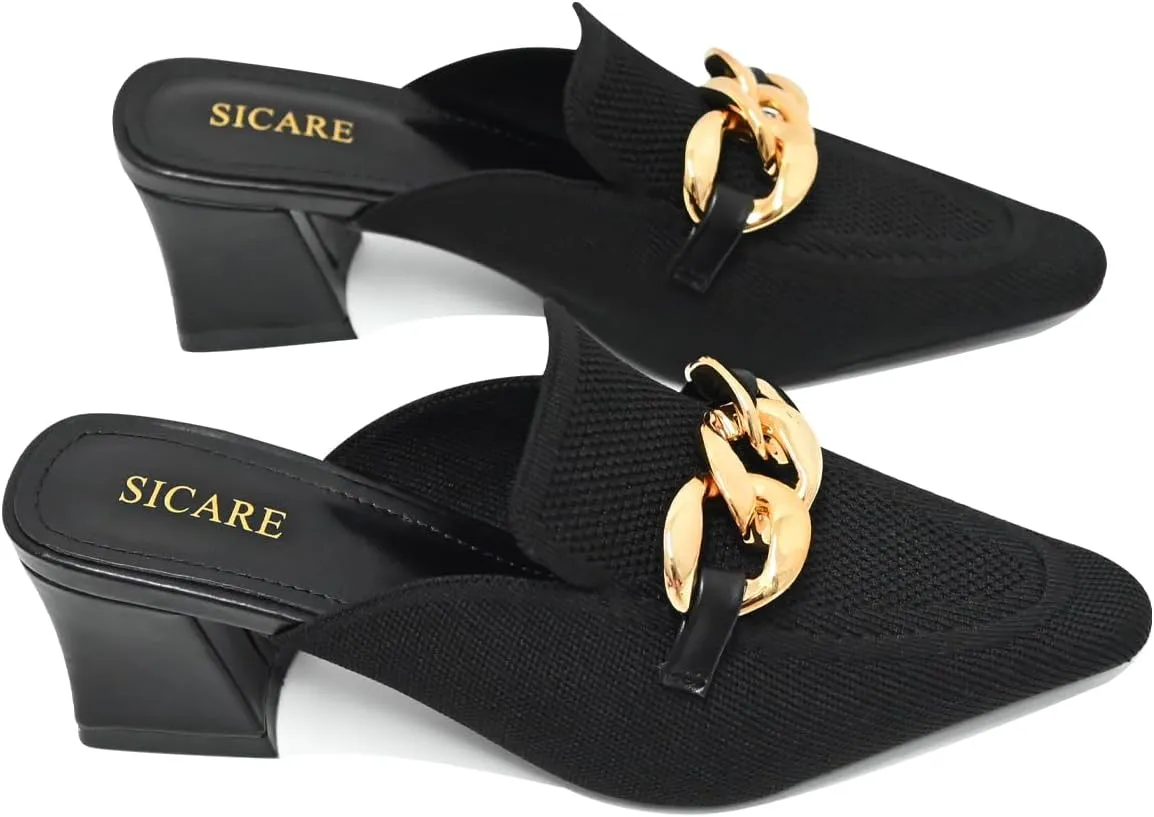 Heeled Mules for Women Closed Toe Chunky Heels Mules Knit Stretchy Pointed Toe Heels Sandals Comfortable Slip On Dress Pumps Sandals Slides for Business and Daily Wear