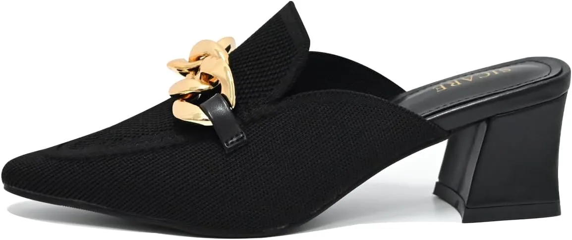 Heeled Mules for Women Closed Toe Chunky Heels Mules Knit Stretchy Pointed Toe Heels Sandals Comfortable Slip On Dress Pumps Sandals Slides for Business and Daily Wear