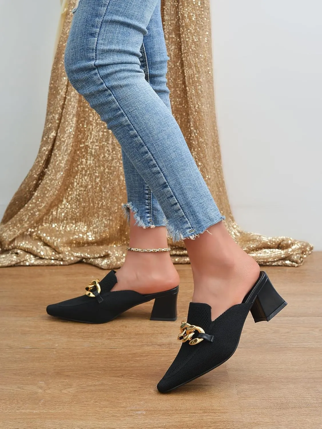 Heeled Mules for Women Closed Toe Chunky Heels Mules Knit Stretchy Pointed Toe Heels Sandals Comfortable Slip On Dress Pumps Sandals Slides for Business and Daily Wear