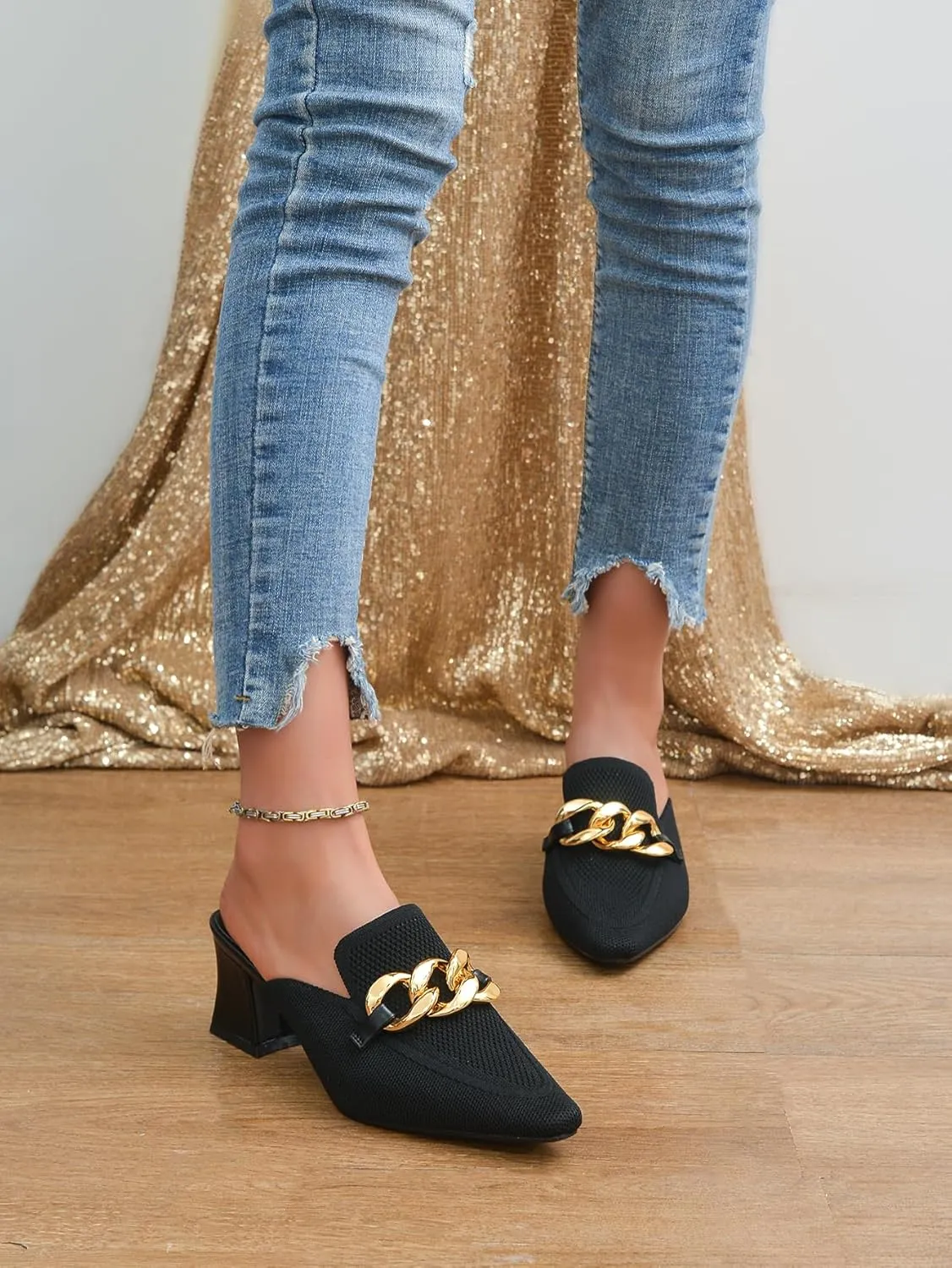 Heeled Mules for Women Closed Toe Chunky Heels Mules Knit Stretchy Pointed Toe Heels Sandals Comfortable Slip On Dress Pumps Sandals Slides for Business and Daily Wear