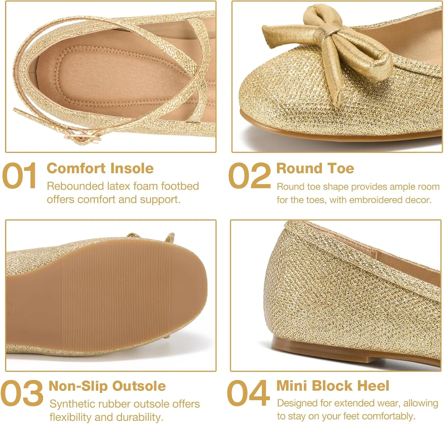 HEEZ Women's Ballet Flats, Stylish Slip On Dress Shoes with Adjustable Ankle Strap, Round Toe Ballet Flat Shoes, Anti-Slip TPR Outsole, Rebounded Latex Foam Insole, Anti-Friction Heel