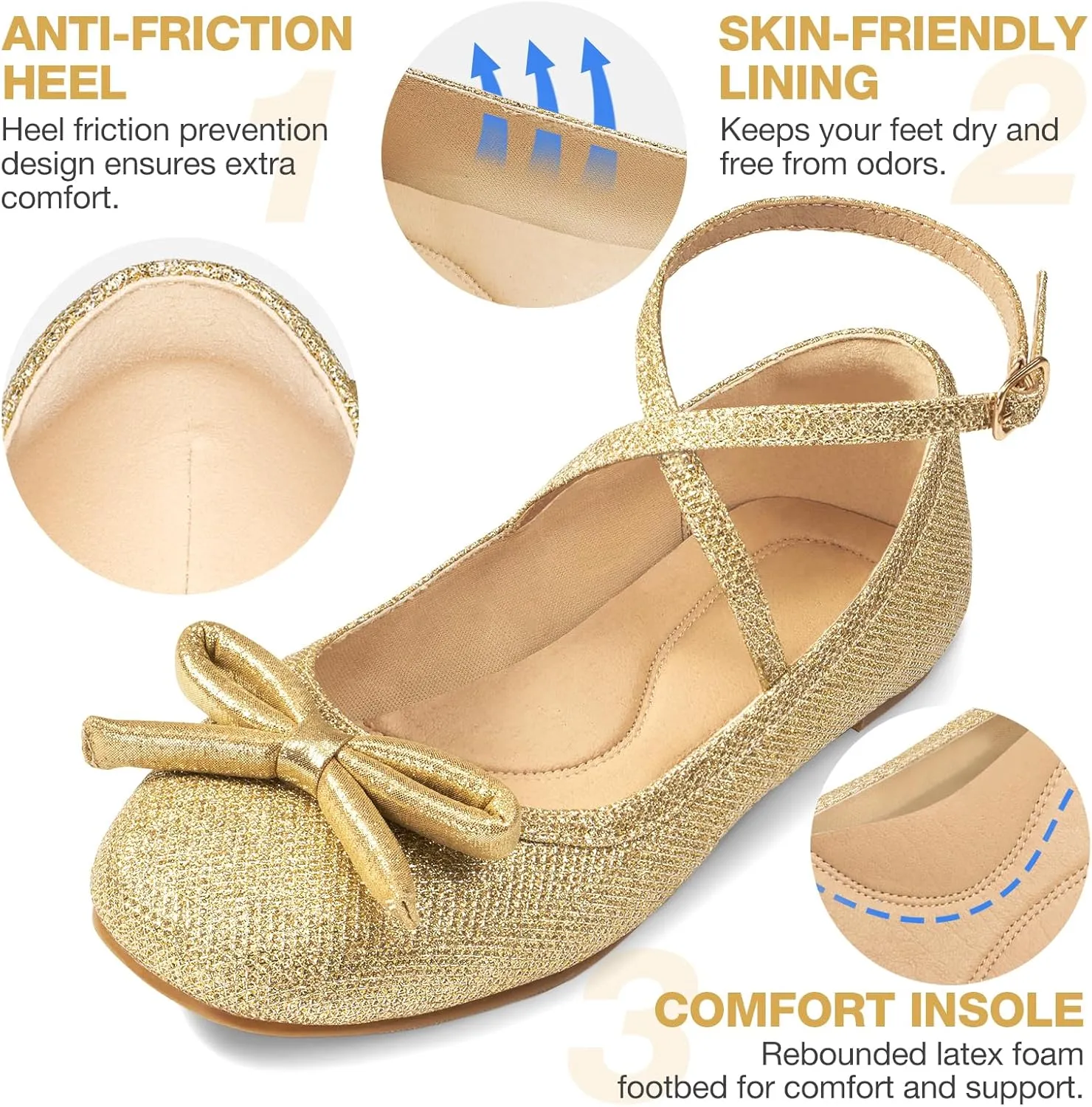 HEEZ Women's Ballet Flats, Stylish Slip On Dress Shoes with Adjustable Ankle Strap, Round Toe Ballet Flat Shoes, Anti-Slip TPR Outsole, Rebounded Latex Foam Insole, Anti-Friction Heel