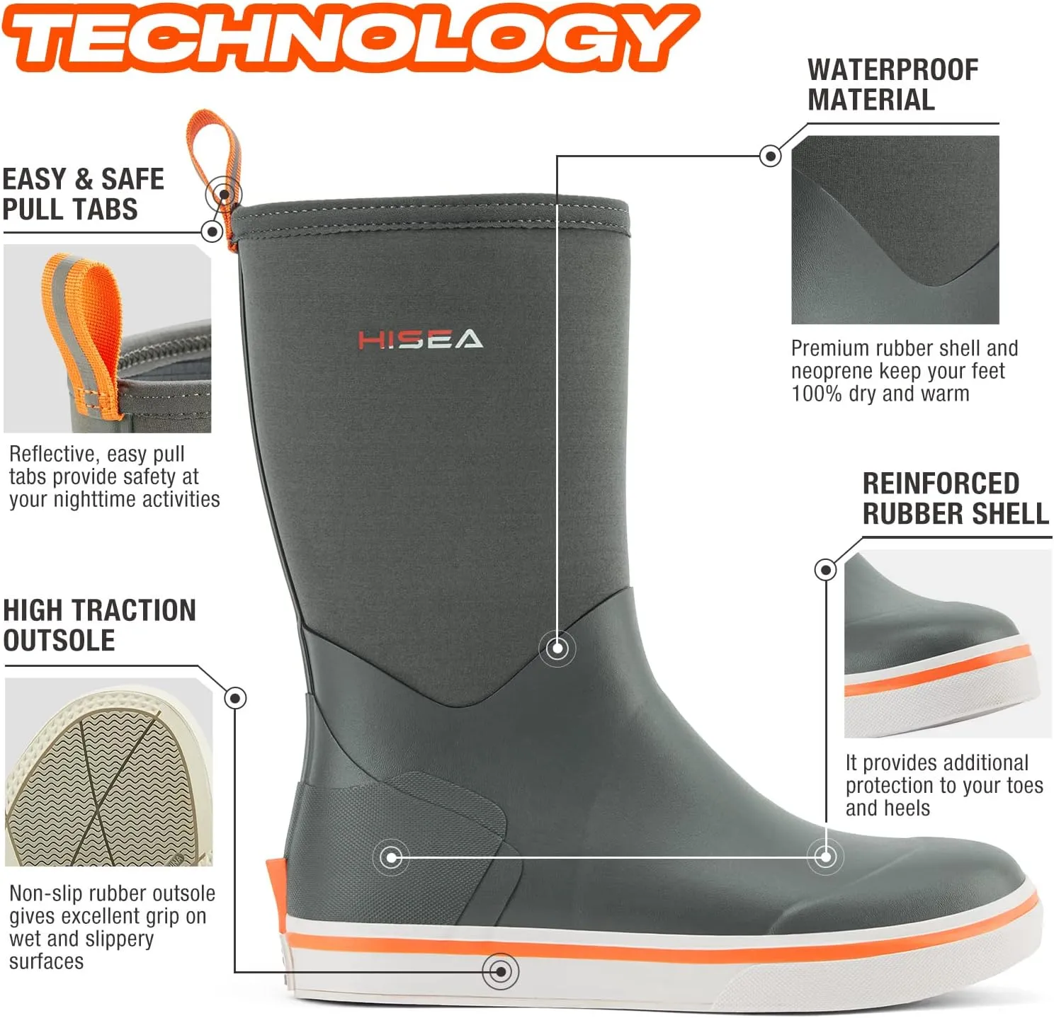 HISEA Men's Rubber Rain Boots Waterproof Garden Fishing Outdoor Deck Boots