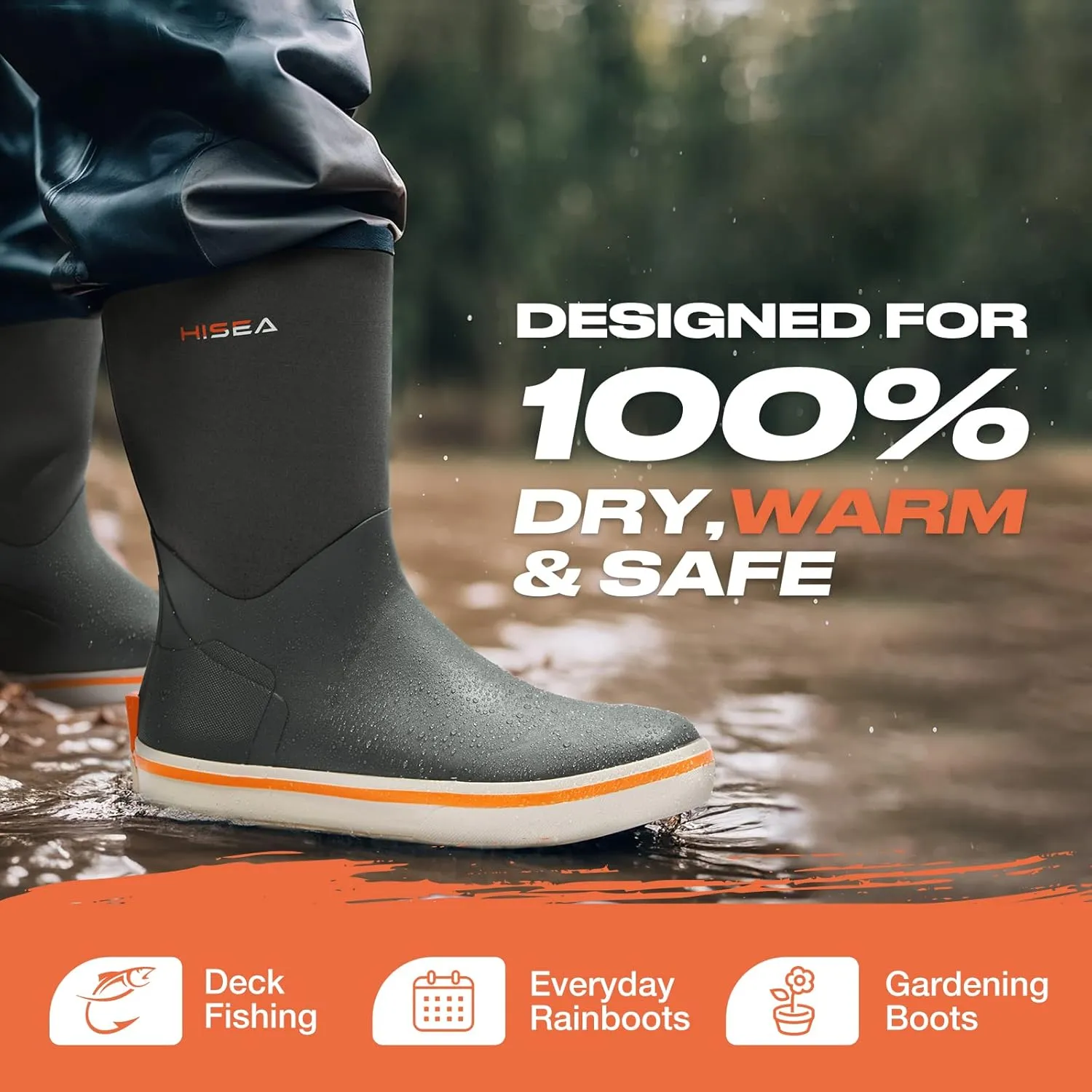 HISEA Men's Rubber Rain Boots Waterproof Garden Fishing Outdoor Deck Boots