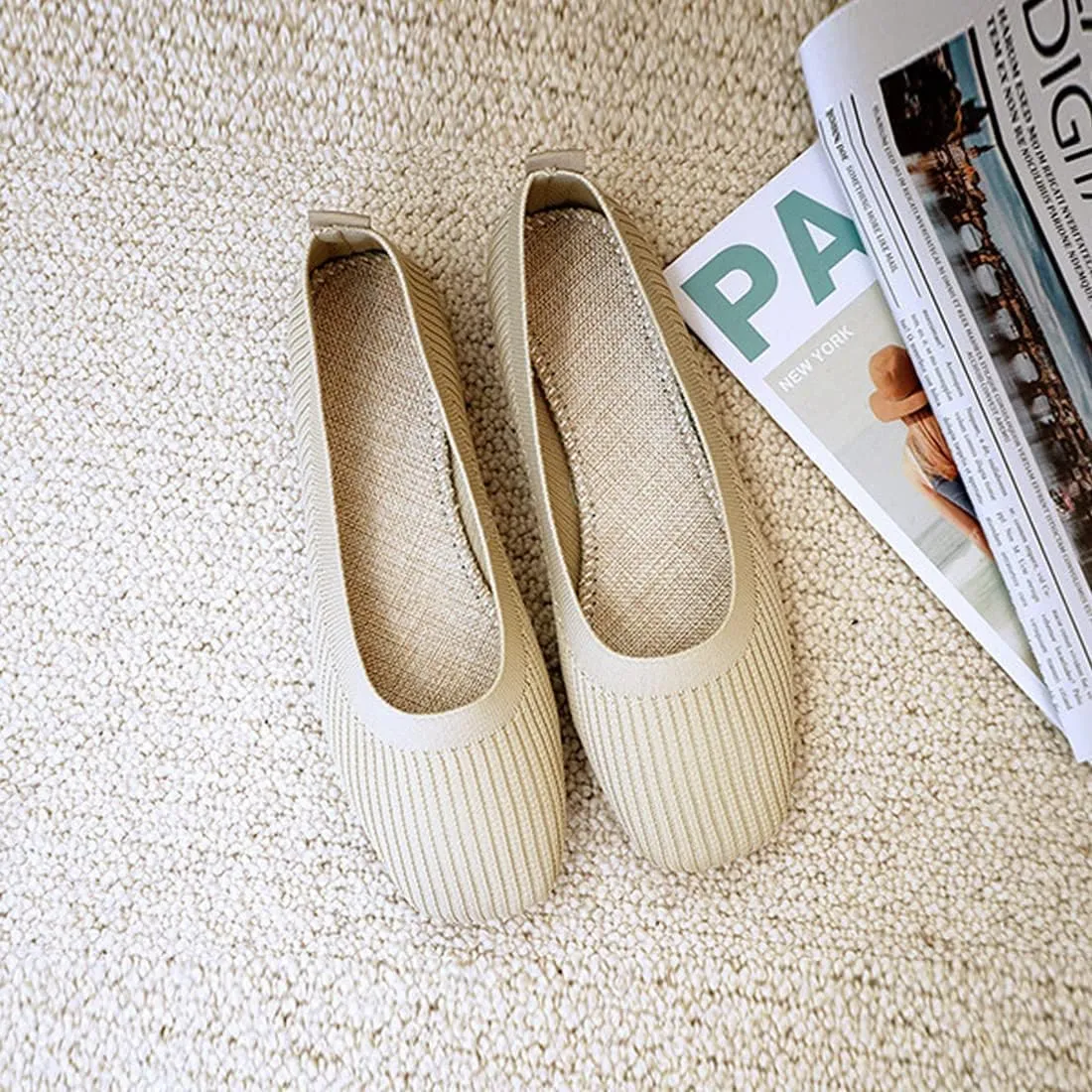 Husmeu Women's Casual Flats for Women Mesh Comfortable Slip on Dressy Flats Shoes Square Toe Classic Cute Ballet Flats Shoes