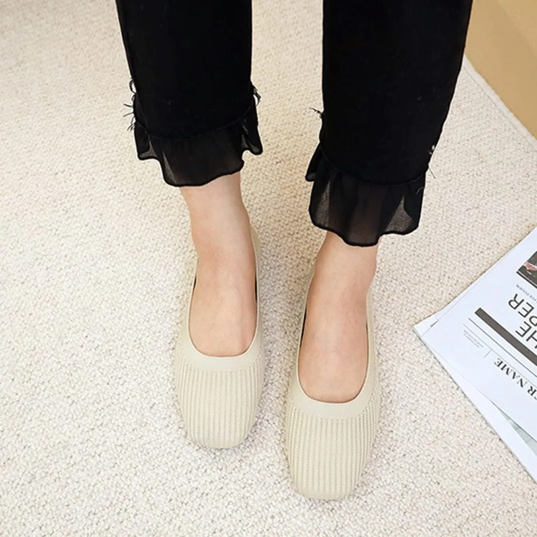 Husmeu Women's Casual Flats for Women Mesh Comfortable Slip on Dressy Flats Shoes Square Toe Classic Cute Ballet Flats Shoes