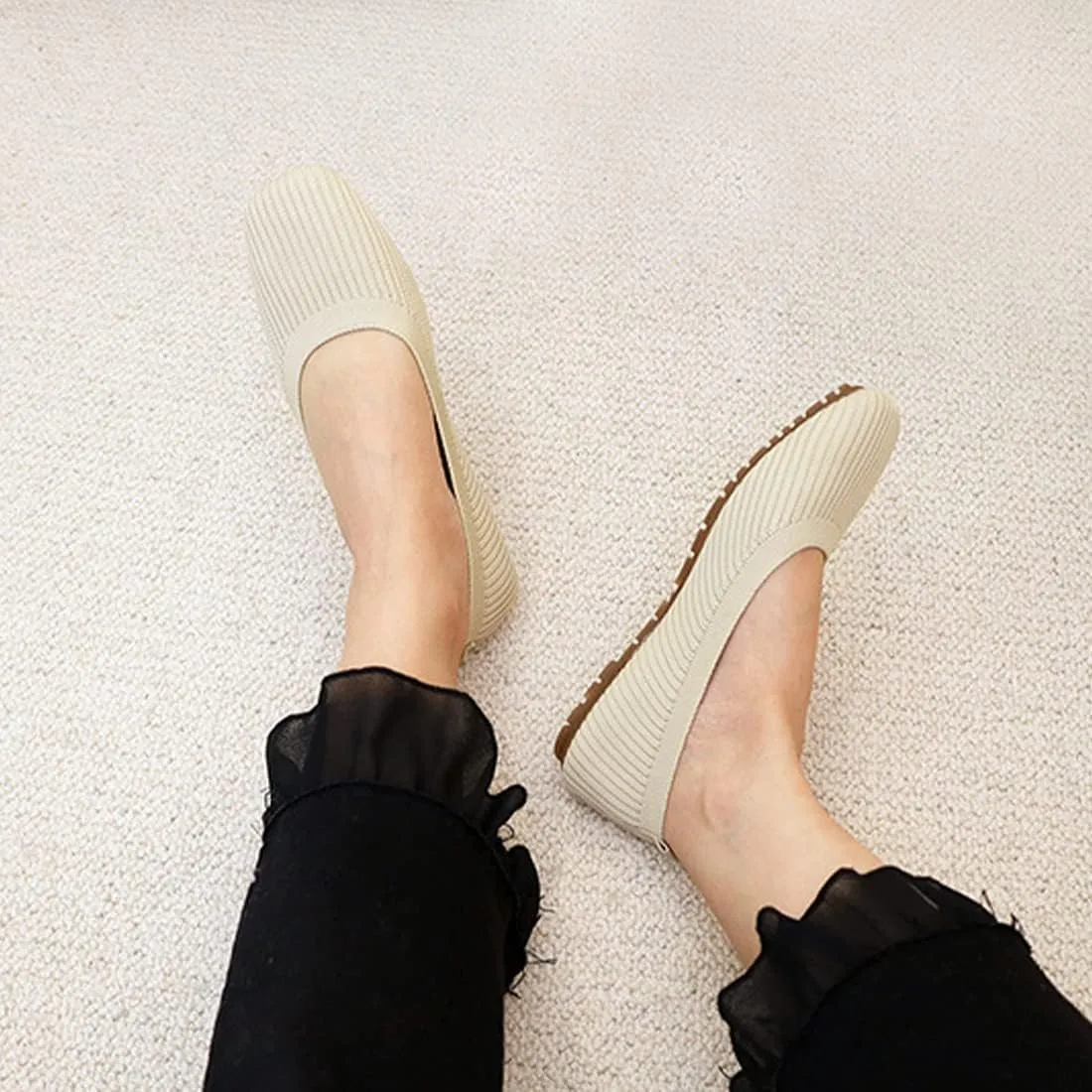 Husmeu Women's Casual Flats for Women Mesh Comfortable Slip on Dressy Flats Shoes Square Toe Classic Cute Ballet Flats Shoes