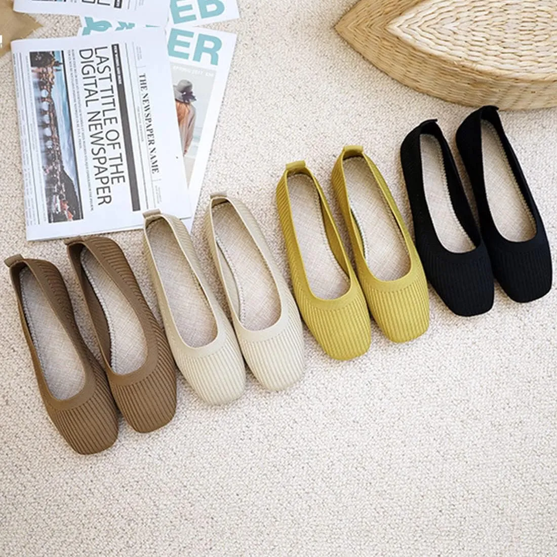 Husmeu Women's Casual Flats for Women Mesh Comfortable Slip on Dressy Flats Shoes Square Toe Classic Cute Ballet Flats Shoes