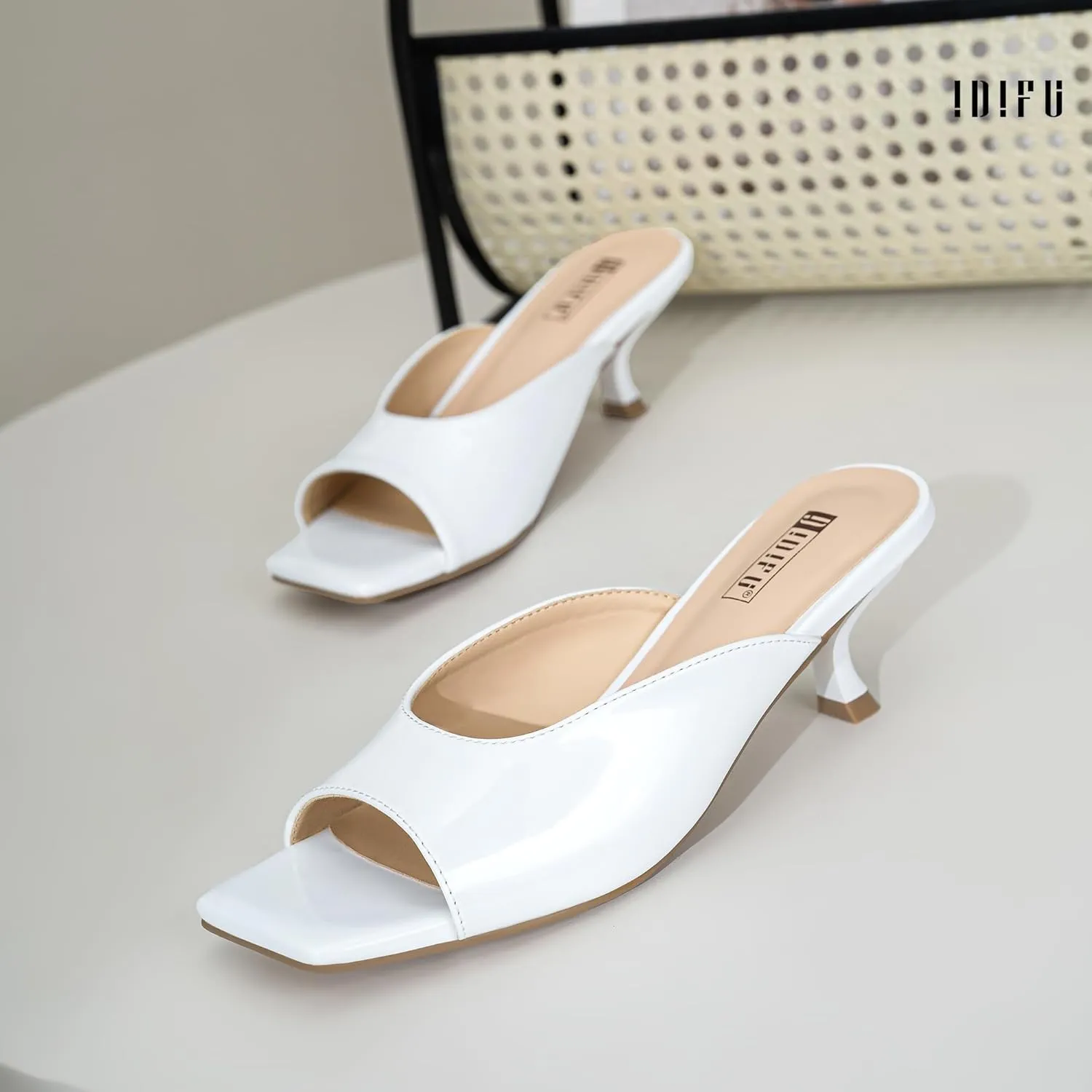 IDIFU IN2 Women's Kitten Heels Open Square Toe Low Heels Sexy Slip On Slide Heeled Sandals Comfortable Wedding Bridal Party Prom Dress Sandals Office Casual Summer Short Mule Heels