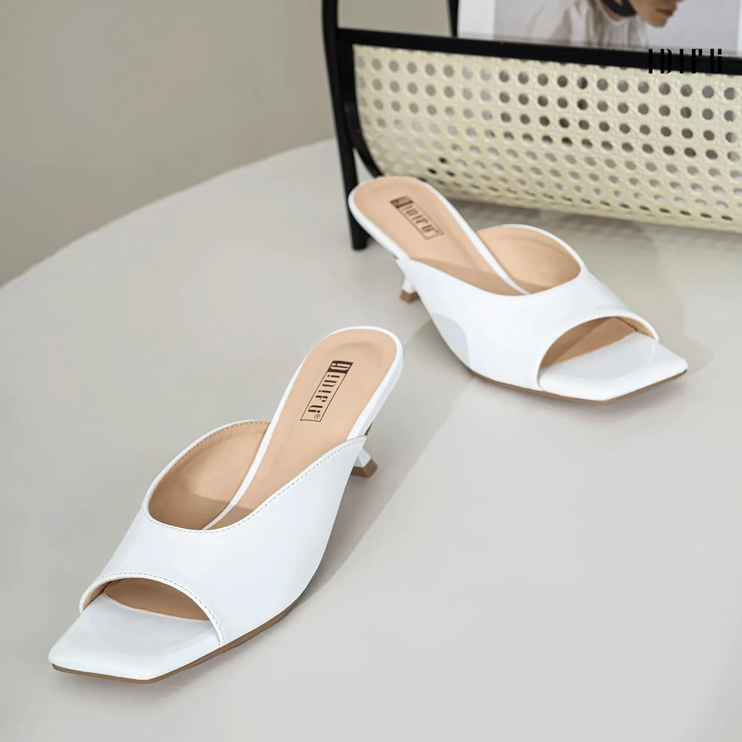 IDIFU IN2 Women's Kitten Heels Open Square Toe Low Heels Sexy Slip On Slide Heeled Sandals Comfortable Wedding Bridal Party Prom Dress Sandals Office Casual Summer Short Mule Heels