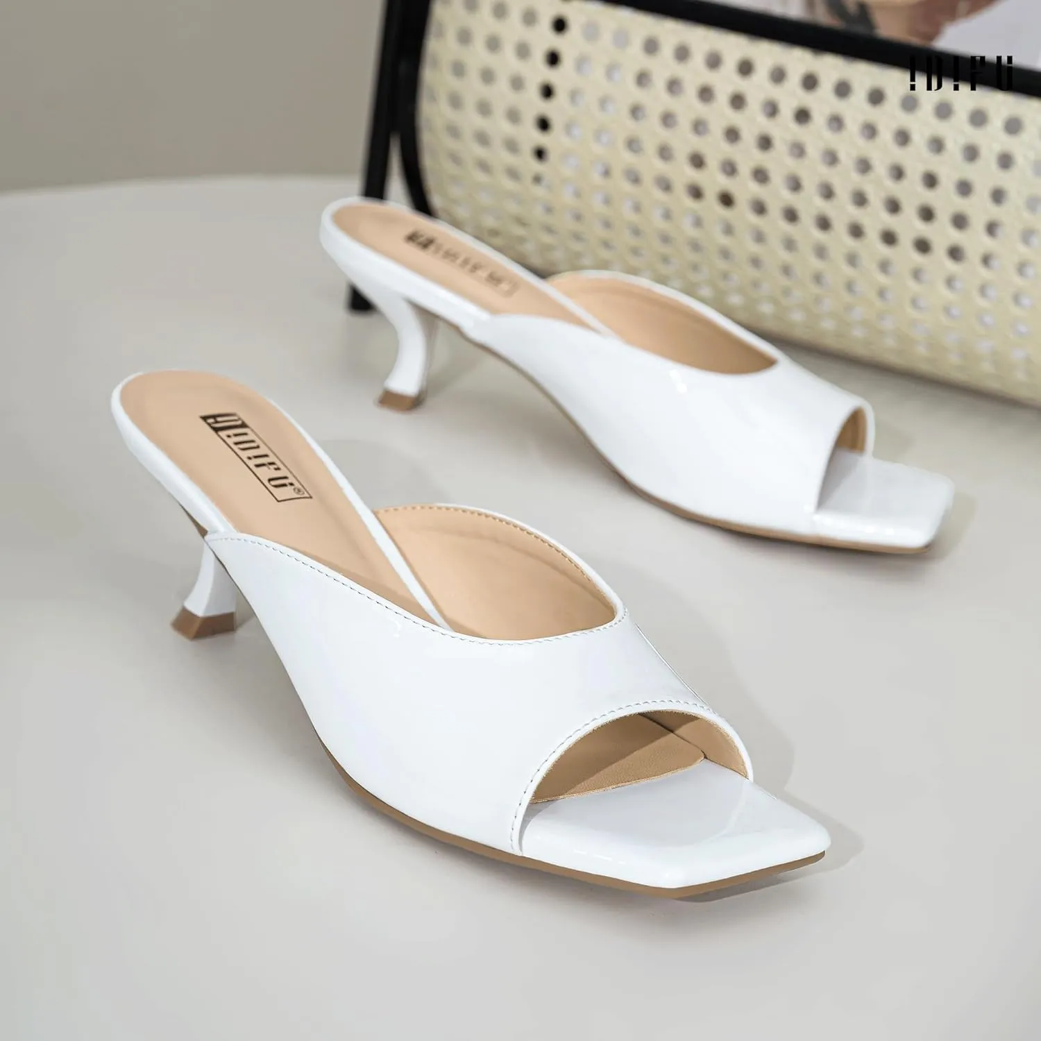 IDIFU IN2 Women's Kitten Heels Open Square Toe Low Heels Sexy Slip On Slide Heeled Sandals Comfortable Wedding Bridal Party Prom Dress Sandals Office Casual Summer Short Mule Heels