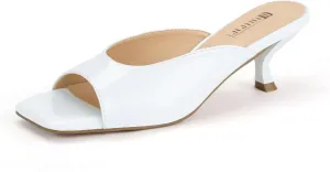 IDIFU IN2 Women's Kitten Heels Open Square Toe Low Heels Sexy Slip On Slide Heeled Sandals Comfortable Wedding Bridal Party Prom Dress Sandals Office Casual Summer Short Mule Heels