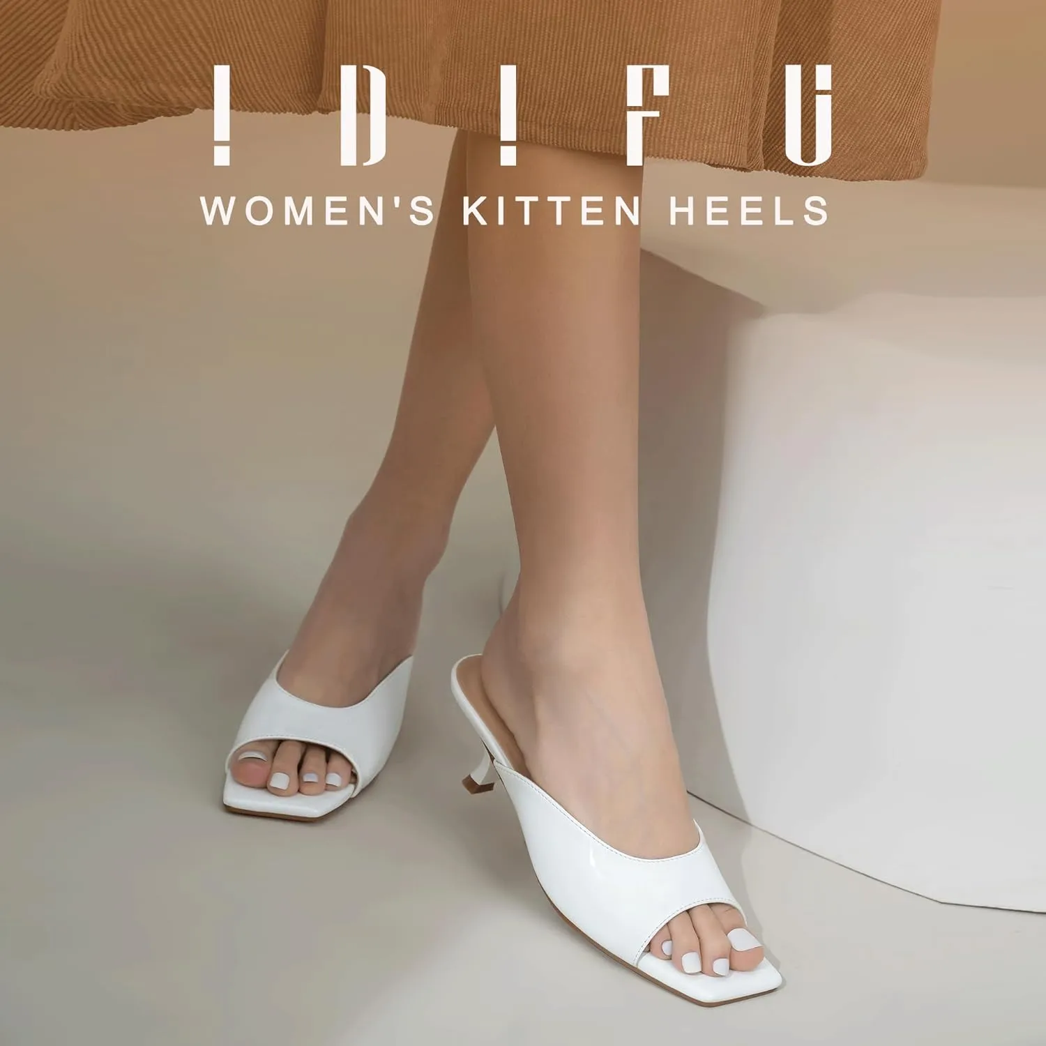IDIFU IN2 Women's Kitten Heels Open Square Toe Low Heels Sexy Slip On Slide Heeled Sandals Comfortable Wedding Bridal Party Prom Dress Sandals Office Casual Summer Short Mule Heels