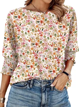 IECCP 3/4 Length Sleeve Womens Tops Summer 2025 Fashion Trendy Boat Crew Neck Smocked Work Dressy Casual T Shirt Blouses
