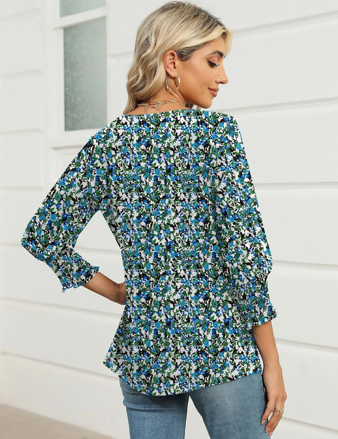 IECCP 3/4 Length Sleeve Womens Tops Summer 2025 Fashion Trendy Boat Crew Neck Smocked Work Dressy Casual T Shirt Blouses