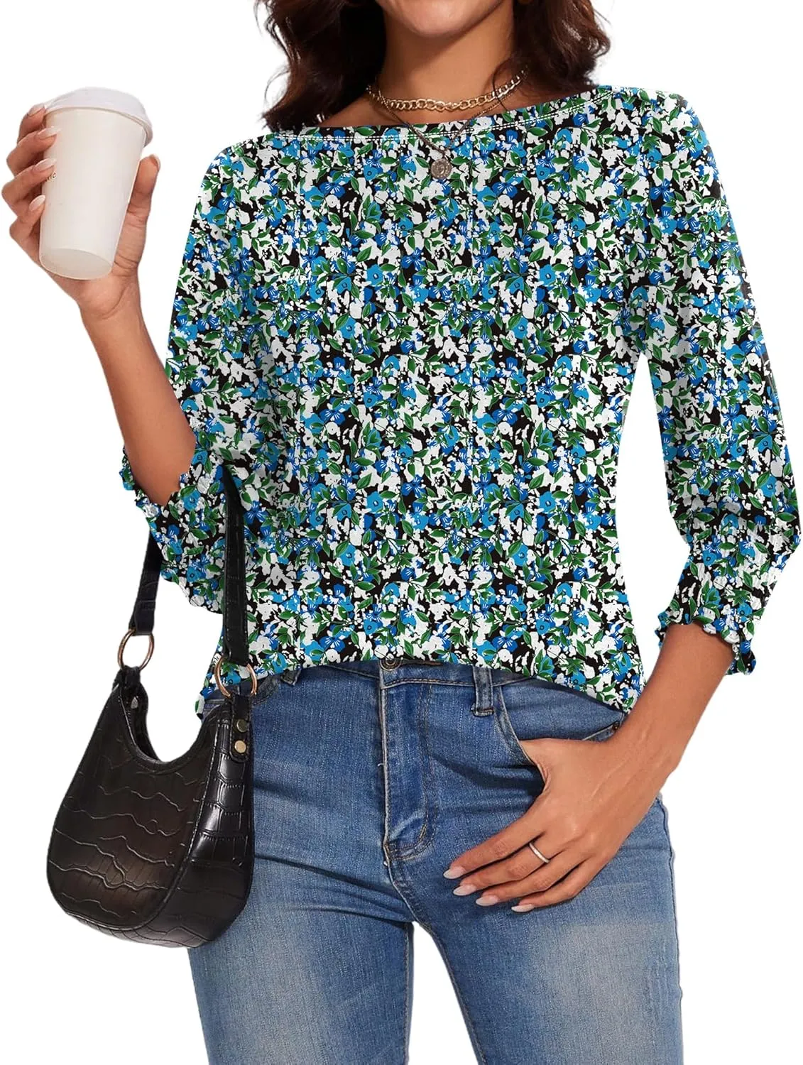 IECCP 3/4 Length Sleeve Womens Tops Summer 2025 Fashion Trendy Boat Crew Neck Smocked Work Dressy Casual T Shirt Blouses