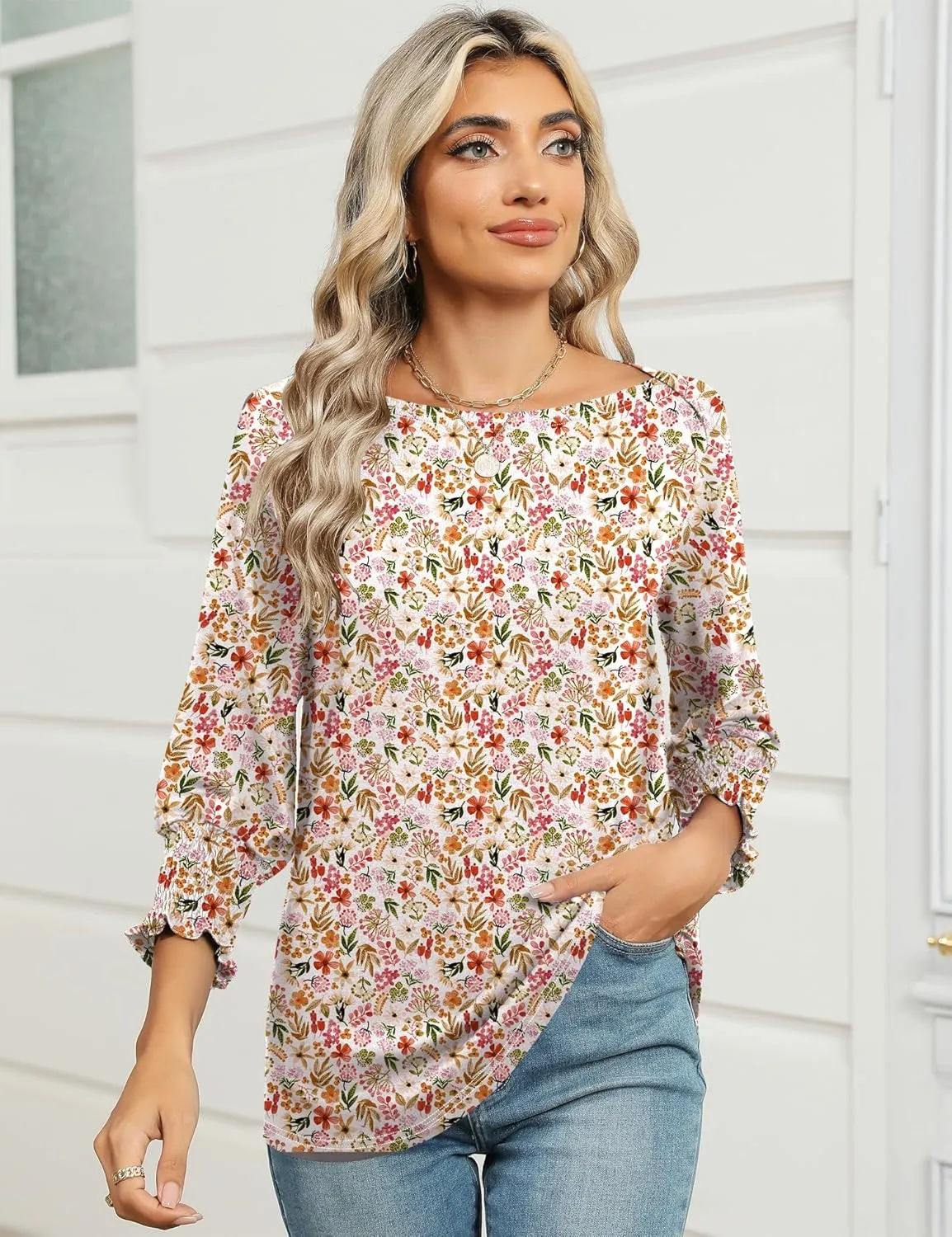 IECCP 3/4 Length Sleeve Womens Tops Summer 2025 Fashion Trendy Boat Crew Neck Smocked Work Dressy Casual T Shirt Blouses