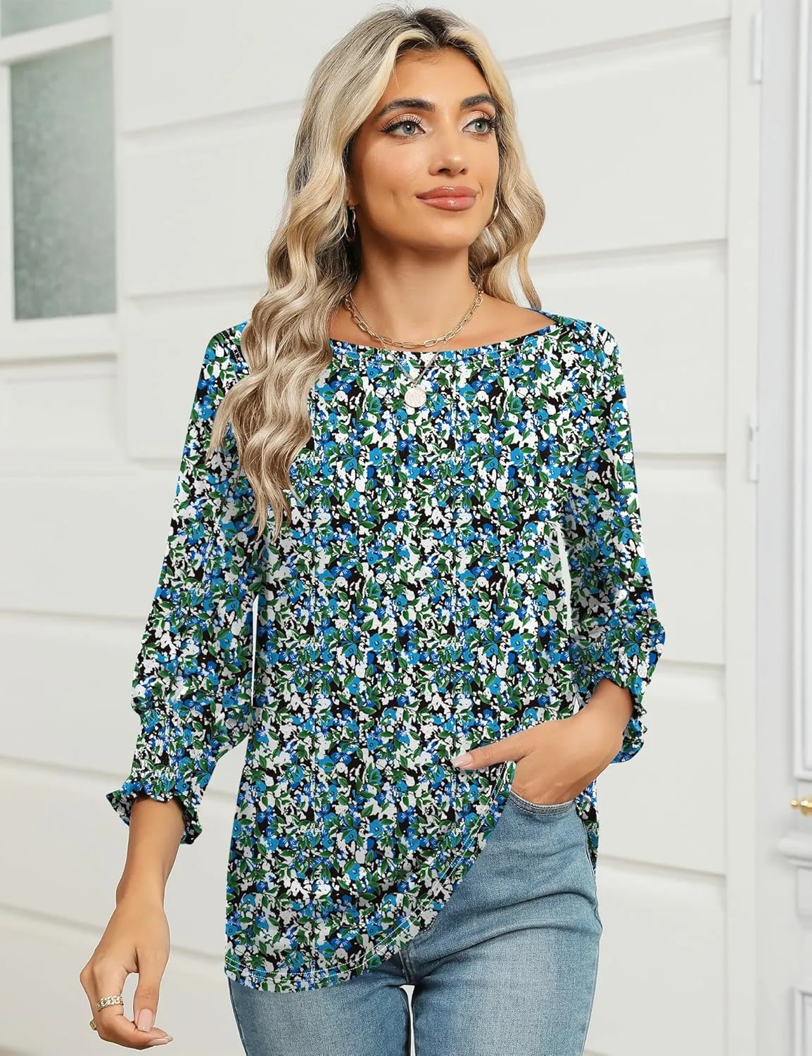 IECCP 3/4 Length Sleeve Womens Tops Summer 2025 Fashion Trendy Boat Crew Neck Smocked Work Dressy Casual T Shirt Blouses