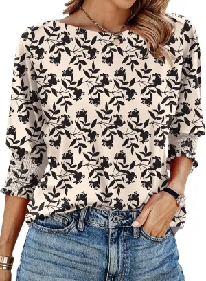 IECCP 3/4 Length Sleeve Womens Tops Summer 2025 Fashion Trendy Boat Crew Neck Smocked Work Dressy Casual T Shirt Blouses