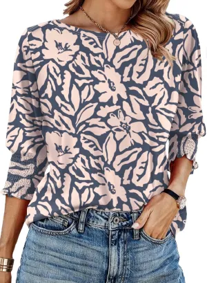 IECCP 3/4 Length Sleeve Womens Tops Summer 2025 Fashion Trendy Boat Crew Neck Smocked Work Dressy Casual T Shirt Blouses