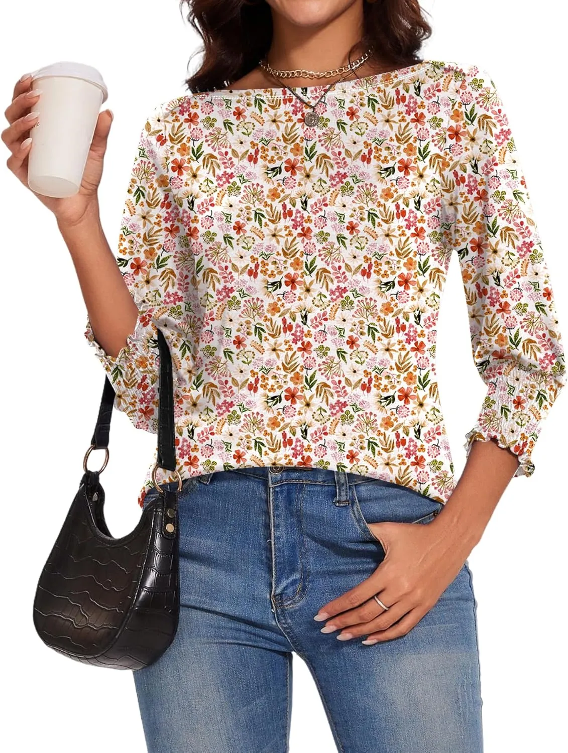 IECCP 3/4 Length Sleeve Womens Tops Summer 2025 Fashion Trendy Boat Crew Neck Smocked Work Dressy Casual T Shirt Blouses